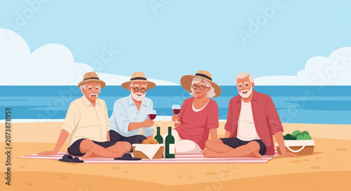 Vector illustration of two senior couples picnicking on a beach. Four elderly adults sitting on a blanket with wine and food basket near the ocean under a clear sky.