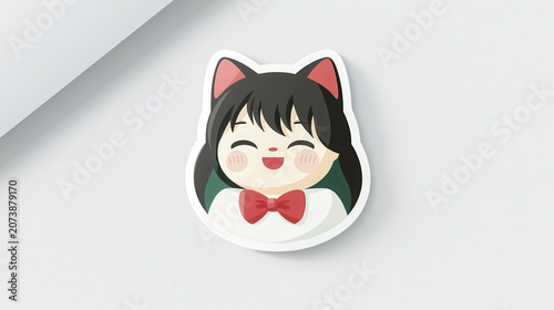 Cute cat girl sticker with bow, featuring smiling face and playful expression, perfect for decoration or gifts