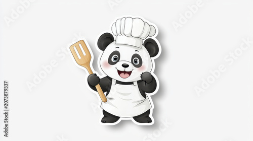 Cute panda chef holding spatula, wearing chef hat and apron, ready to cook delicious meals with joy and enthusiasm
