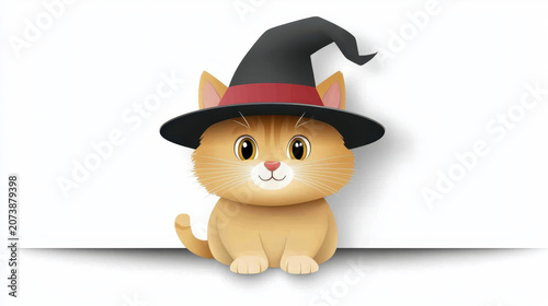 Cute cat wearing witch hat, perfect for Halloween themes and decorations, showcasing playful and whimsical expression