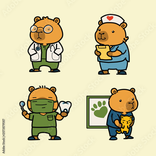 Cute Capybara Healthcare Characters Set  Doctor, Nurse, Dentist and Veterinarian