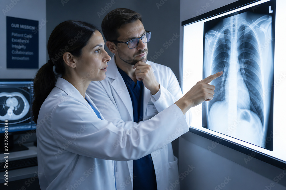 Fototapeta premium Two medical professionals, a woman and a man in white coats, are examining an X-ray image on a digital screen in what appears to be a medical setting.