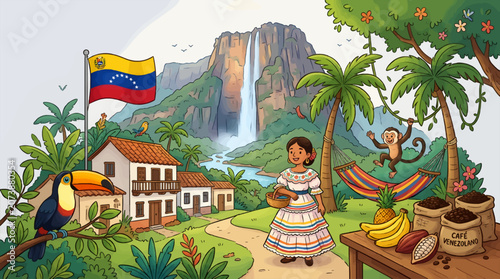 Photography Vector Illustration of Venezuelan Paradise: Angel Falls, Traditional Village, Tr