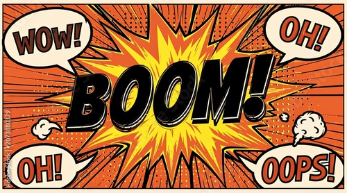 Retro Comic Book Style Explosion Graphic with Speech Bubbles and Exclamation Text