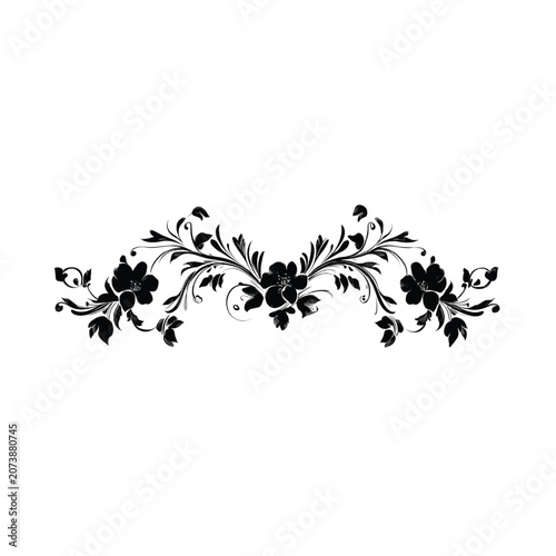 Floral ornament features symmetrical black botanical silhouettes arranged in a classic decorative flourish that provides ample copy space for elegant graphic design layouts and professional projects.