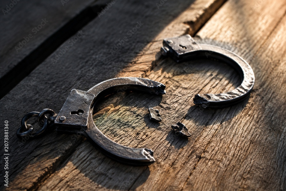 © JIALU - Broken iron handcuffs resting on aged wood, sunlight catching the fractured edges, symbolizing liberation. © JIALU - Broken iron handcuffs resting on aged wood, sunlight catching the fractured edges, symbolizing liberation.