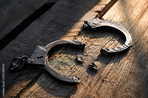 Broken iron handcuffs resting on aged wood, sunlight catching the fractured edges, symbolizing liberation.