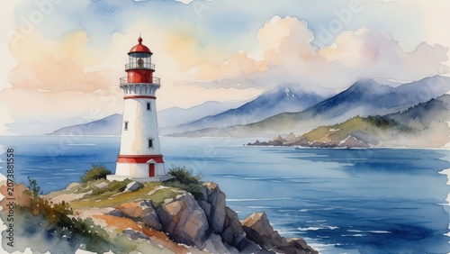 Lighthouse on a Rocky Coast Watercolor Seascape With Mountains and Calm Ocean Light