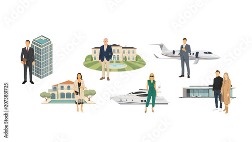 Fényképezés Set of wealthy people with luxury assets including private jets, yachts, mansion
