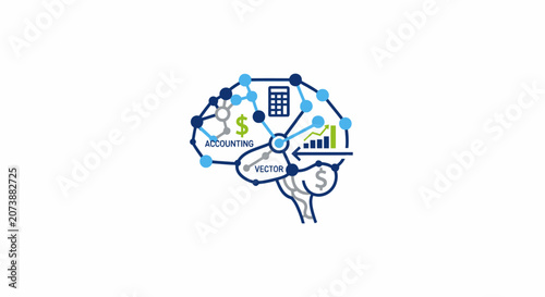 Brain icon with accounting symbols and magnifying glass