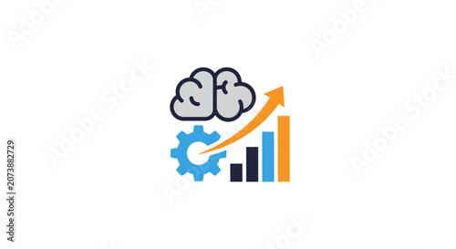Brain icon with gear and rising bar graph.
