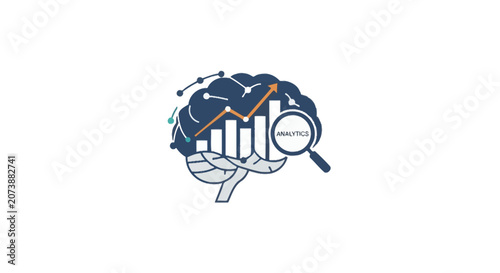 Brain intelligence analytics with growth chart and magnifier.