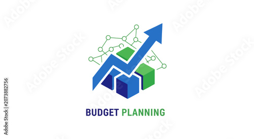 Budget planning icon with rising arrow and 3D cubes.