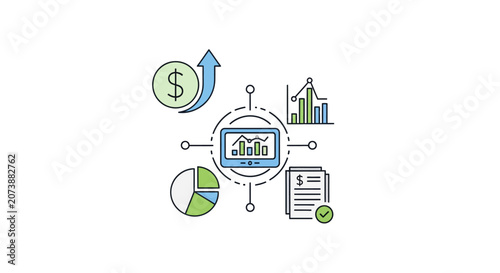 Business analytics dashboard with various financial icons.