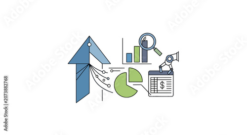 Business analytics icons featuring growth arrows and data charts.