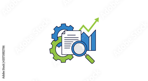 Business audit icon with magnifying glass and charts.