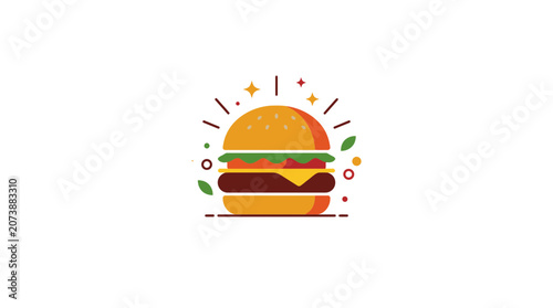 Modern Flat Vector Illustration of a Delicious Beef Burger with Fresh Ingredients and Sparkle Elements