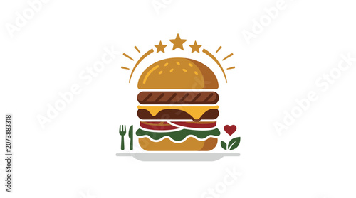 Premium gourmet beef cheeseburger vector illustration with stars and icons