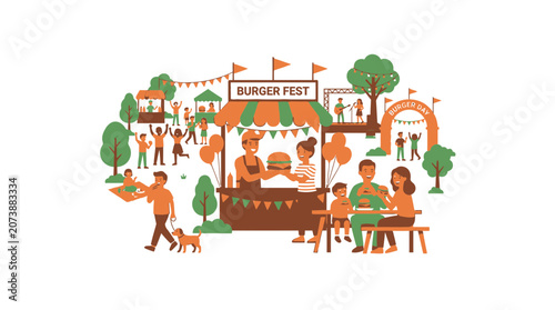 People and families enjoying a burger food festival in an outdoor park event vector illustration