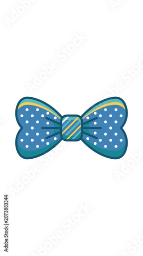 Stylish blue bow tie with white polka dots and striped center illustration