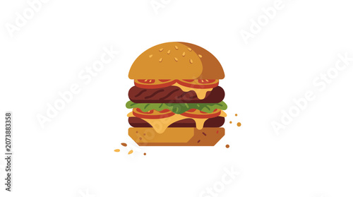 Stylized double beef cheeseburger illustration with melting cheese and lettuce on white background