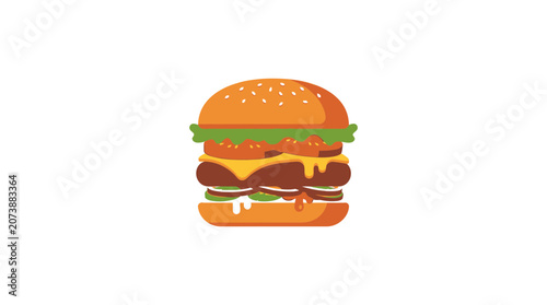 Stylized Flat Vector Illustration of a Delicious Beef Cheeseburger Isolated on White