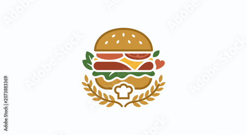 Stylized Gourmet Burger Logo with Chef Hat and Wheat Ears