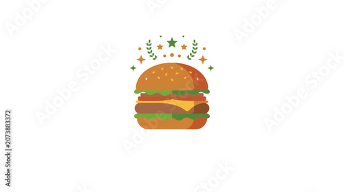 Stylized flat vector illustration of a premium beef burger with stars and laurels
