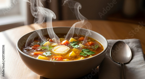 Steaming bowl of hearty vegetable soup with herbs served on a wooden table