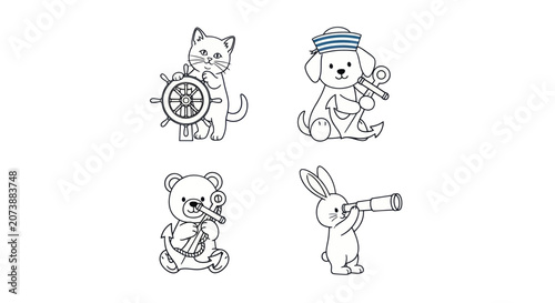 фотографія Nautical and sailor themed animal characters line art.