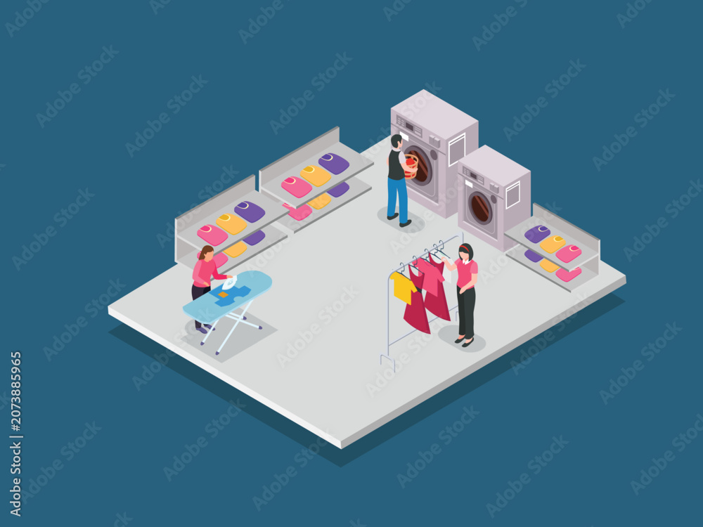 Fototapeta premium Laundromat Interior with People Washing and Ironing Clothes 3d isometric vector illustration