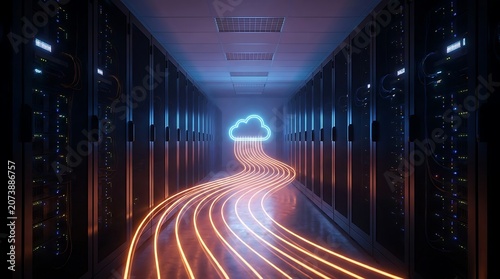 Data center corridor with glowing cloud icon and light trails representing data flow and connectivity
