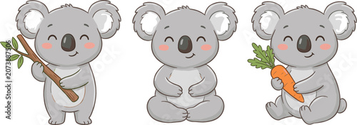 Canvas Print Cute Koala Character Collection with Cartoon Australian Wildlife Holding Branch
