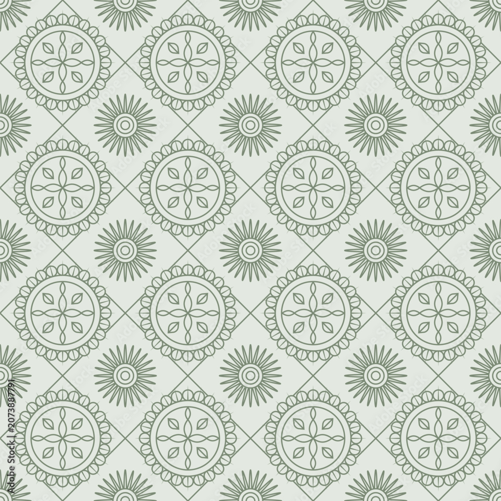 Fototapeta premium Geometric Mandala Seamless Pattern with Sun and Floral Motif, Ornament Line Art Vector Background