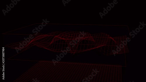 Mesh grid displays a complex three-dimensional wave structure composed of thin red laser lines suspended in a dark void to represent advanced data visualization, network connectivity, or tech.