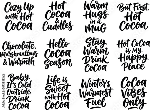 Collection of hand lettered hot cocoa and winter season quotes