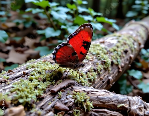 Vivid Butterfly Perched Mossy Log Forest Scene