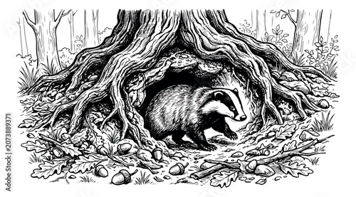 Obraz na plátně Vintage woodcut badger illustration, wild animal emerging from a forest den unde