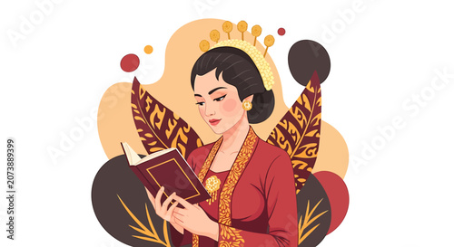Woman Reading Book with Crown on.