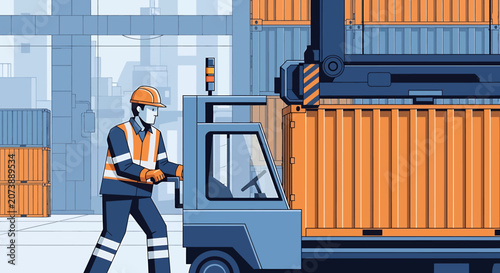 Worker wearing safety gear operating forklift.