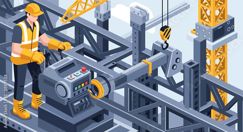 Worker operating industrial machine equipment.