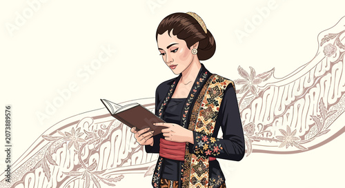 Woman Reading Book with Serious Expression.