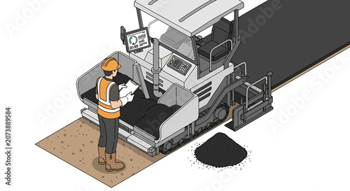 Worker operating asphalt paving machine.