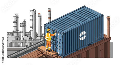 Worker near blue shipping container.