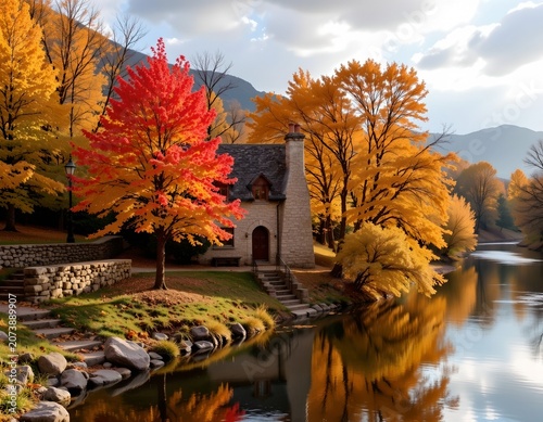 Serene Autumn River Scene with Rustic Cottage and Vibrant Foliage