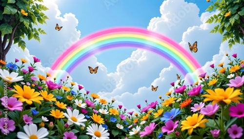 Whimsical Double Rainbow Over Blooming Garden