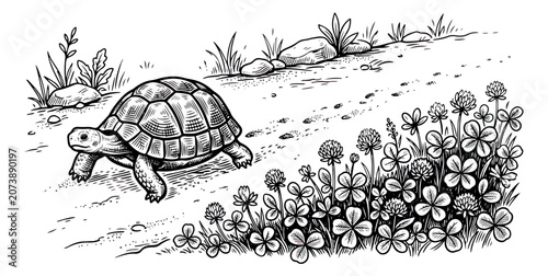 Fotografía Vintage tortoise illustration in hand-drawn engraving style, slow turtle walking