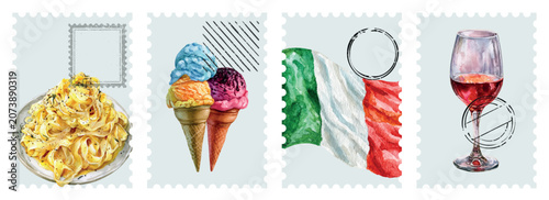 Tableau sur toile Italian travel concept depicting popular country symbols on vintage postage stam