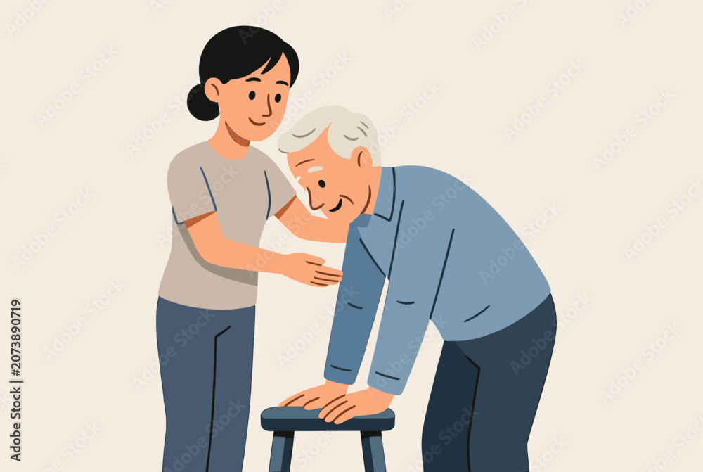 Obraz premium Caring young woman helping an elderly man use a small stool for support and mobility in a simple illustration style.