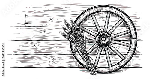 Schilderij op canvas Vintage wooden wagon wheel with wheat stalks, rustic farm life illustration on w